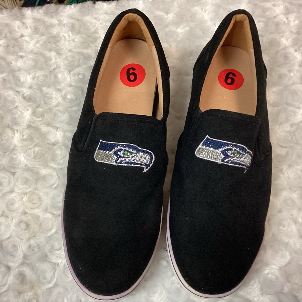Black Slip-On Shoes with Seahawk Logo New